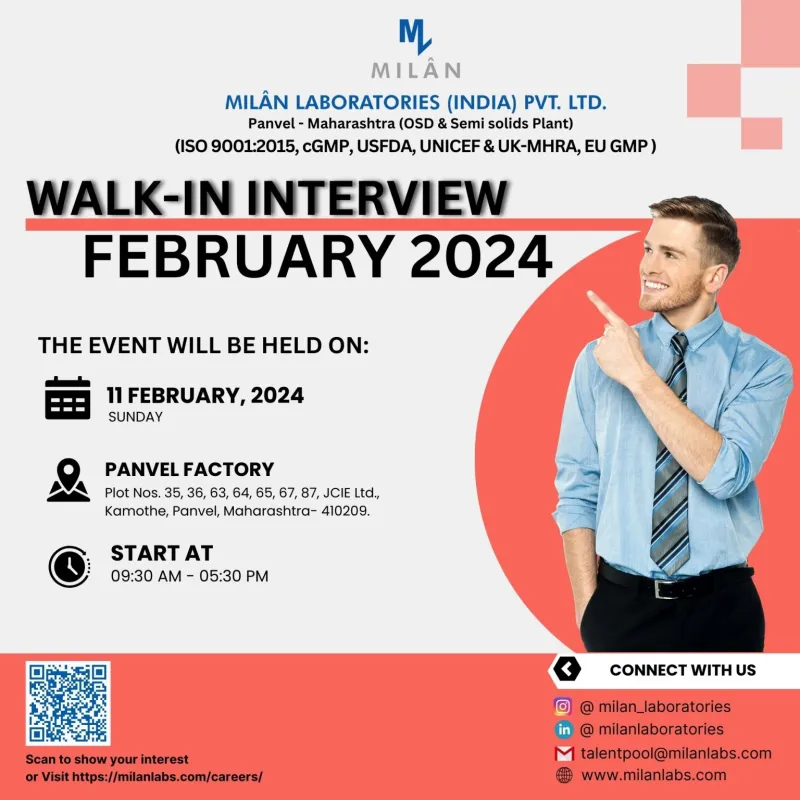 Milan Laboratories - Walk-In Interview for Production, QC, QA, Microbiology, Warehouse, CQA, EHS & Safety, Regulatory Affairs, Operators on 11th Feb 2024